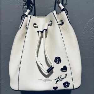 Karl Lagerfeld White Bucket Bag with Heart Embellishments